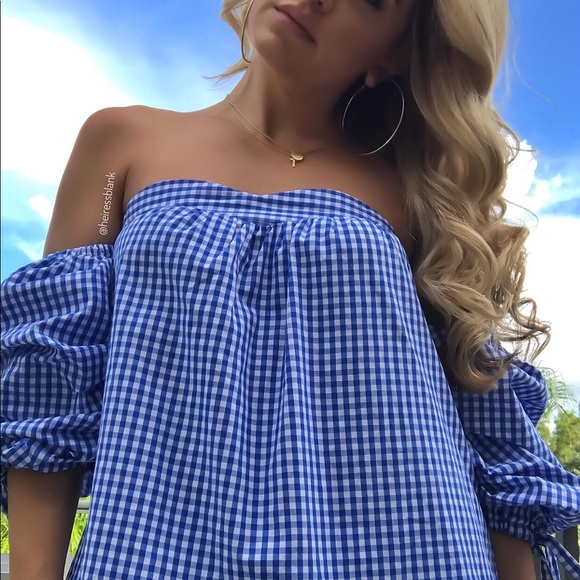 1M LEFT! Blue checkered off shoulder top - Picture 7 of 9